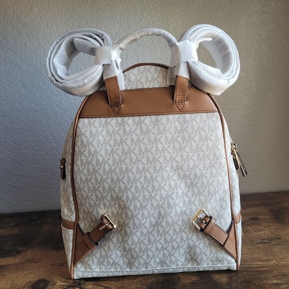 NEW Michael Kors Rhea Zip Slim Medium Backpack Vanilla Ivory Monogram Logo NWT - Picture 5 of 8